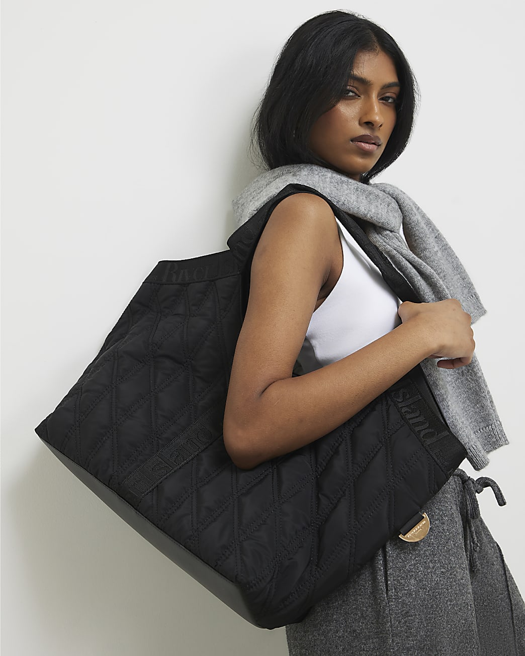 River Island Black Padded Webbing Detail Shopper Bag