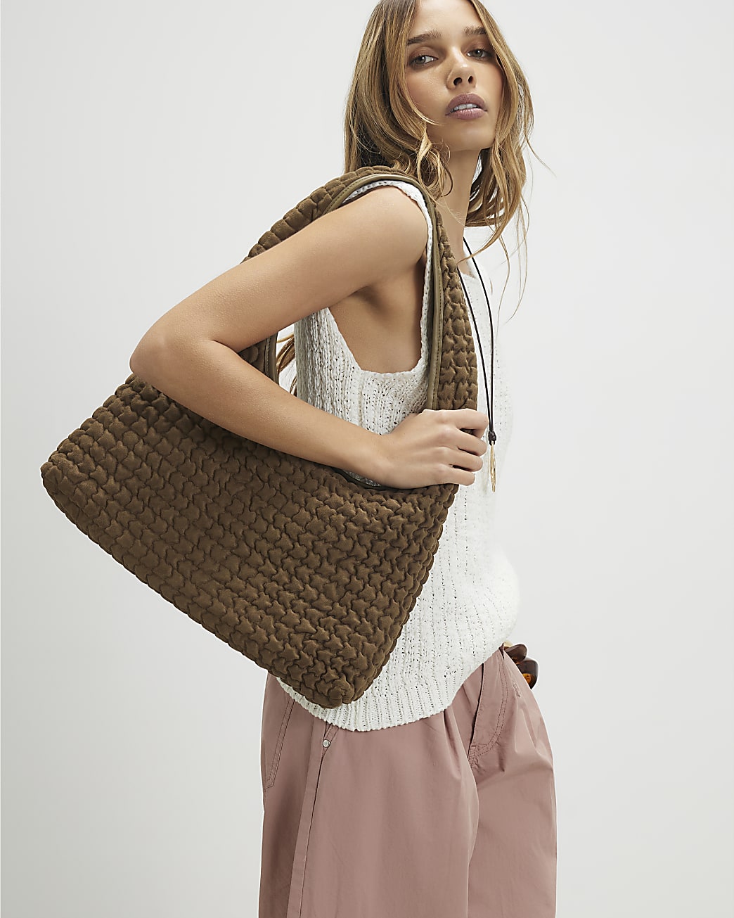 River Island Khaki Scrunch Slouch Shoulder Bag