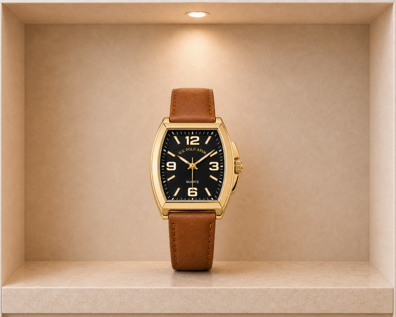 U.S. Polo Assn. Men's Gold-Tone Tonneau Watch & Stacked Wooden Bead Bracelet Gift Set
