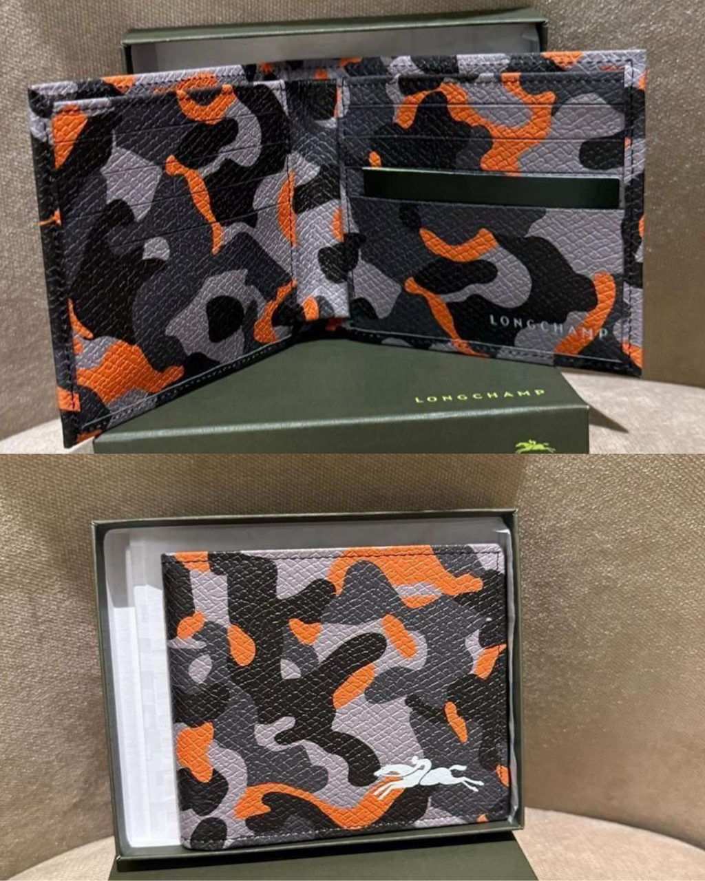 Longchamp Grained Leather Camouflage Bifold Wallet - Orange camo - image 2