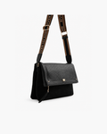River Island Suedette Flap Over Messenger Cross-Body Bag - Black; wide logo strap - image 1