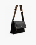 River Island Suedette Flap Over Messenger Cross-Body Bag - Black; wide logo strap - image 1