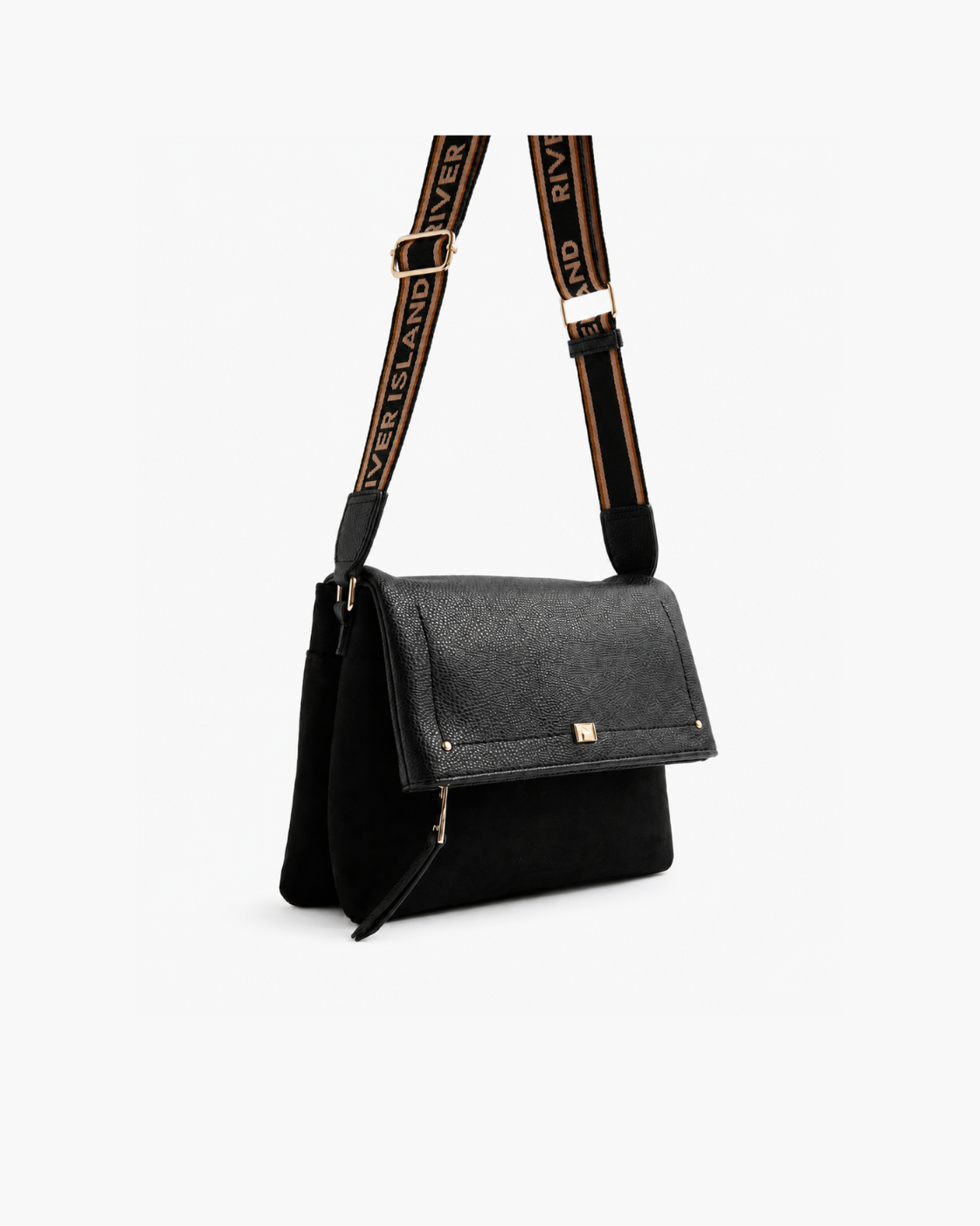 River Island Suedette Flap Over Messenger Cross-Body Bag - Black; wide logo strap - image 1