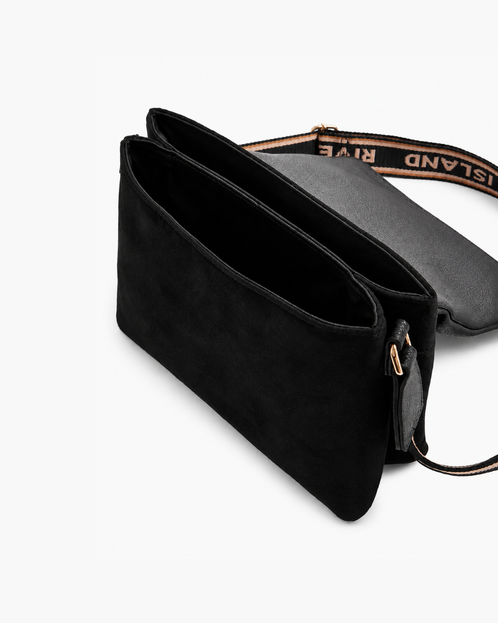 River Island Suedette Flap Over Messenger Cross-Body Bag - Black; wide logo strap - image 2