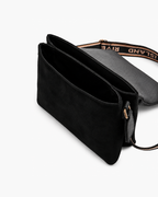 River Island Suedette Flap Over Messenger Cross-Body Bag - Black; wide logo strap - image 2