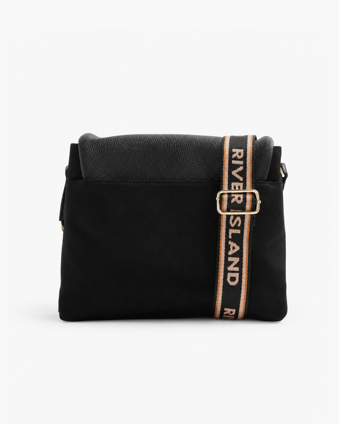 River Island Suedette Flap Over Messenger Cross-Body Bag - Black; wide logo strap - image 3