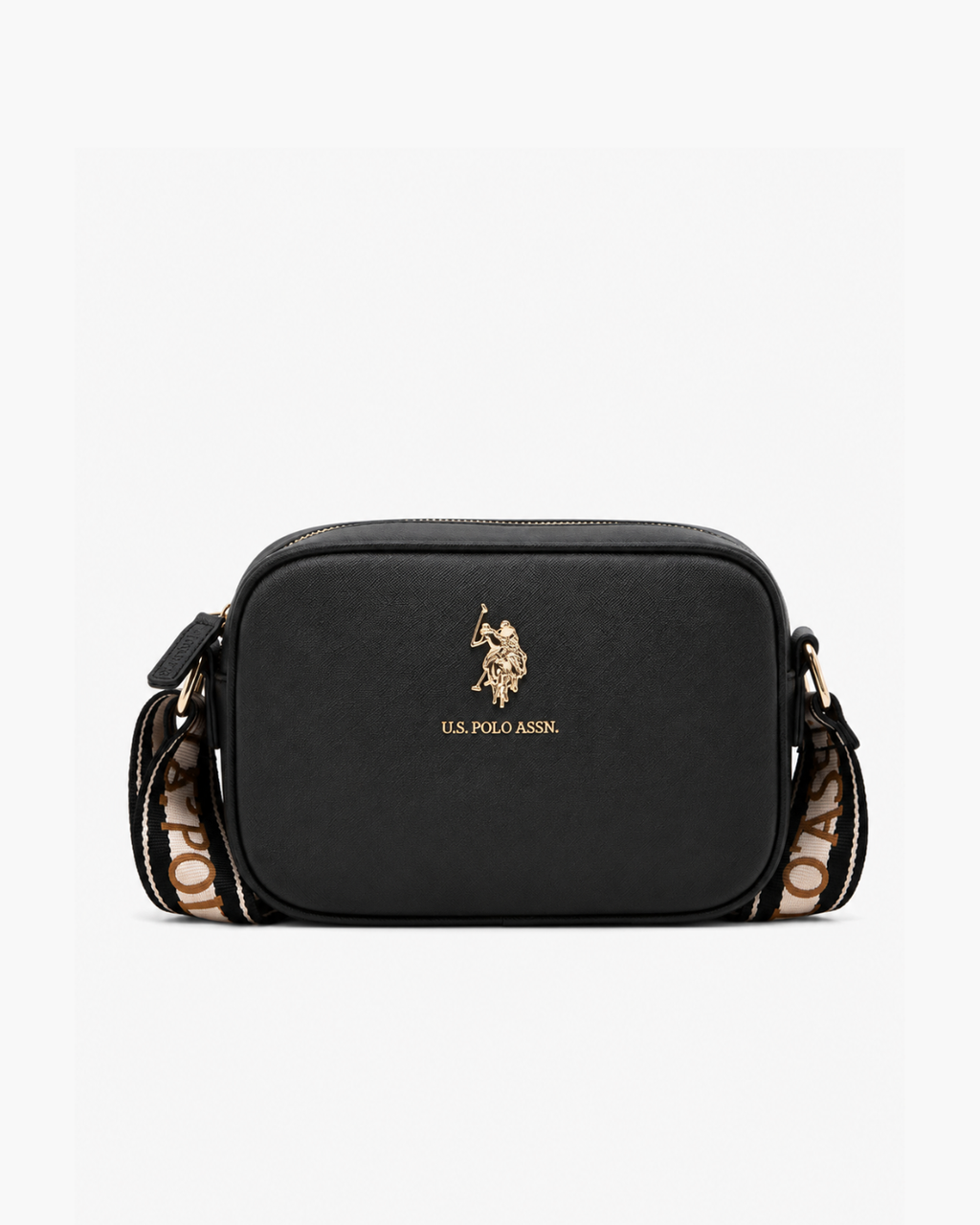 U.S. Polo Assn. Classic Zip Crossbody Bag - Black / Gold hardware; tan-brown logo strap - image 1
