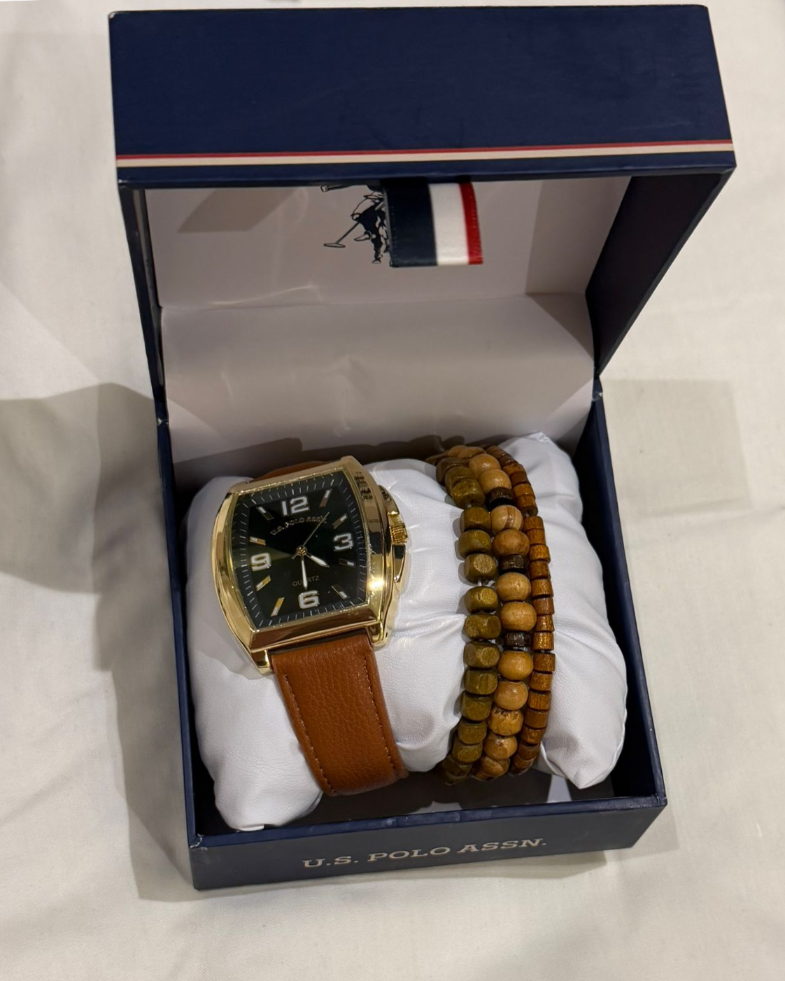 U.S. Polo Assn. Men's Gold-Tone Tonneau Watch & Stacked Wooden Bead Bracelet Gift Set - Gold / Tan leather strap - image 2