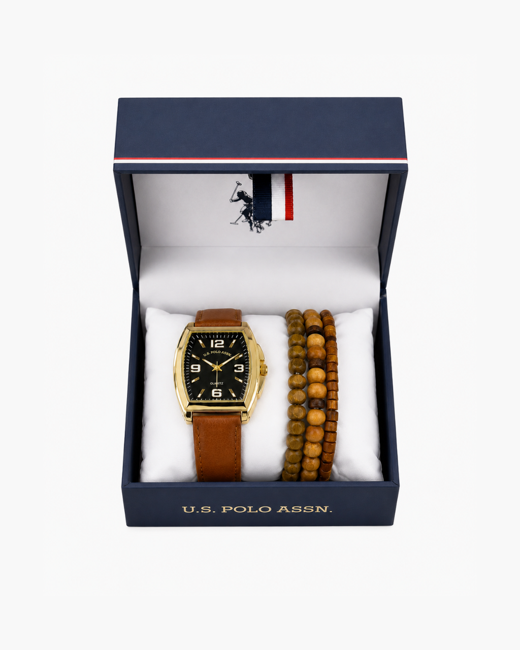 U.S. Polo Assn. Men's Gold-Tone Tonneau Watch & Stacked Wooden Bead Bracelet Gift Set - Gold / Tan leather strap - image 3