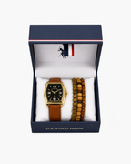 U.S. Polo Assn. Men's Gold-Tone Tonneau Watch & Stacked Wooden Bead Bracelet Gift Set - Gold / Tan leather strap - image 3